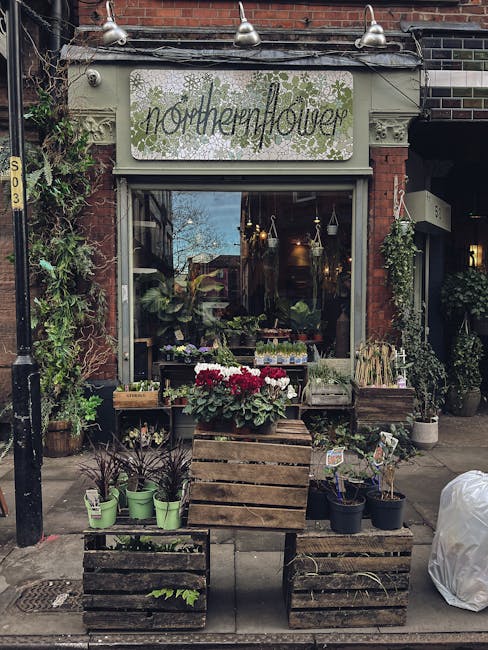 The exterior of Northern Flower, a flower shop on Stroud Green Road N4, featuring a large glass window displaying the warm interior. The shop's sign is decorated with green floral motifs, displaying t
